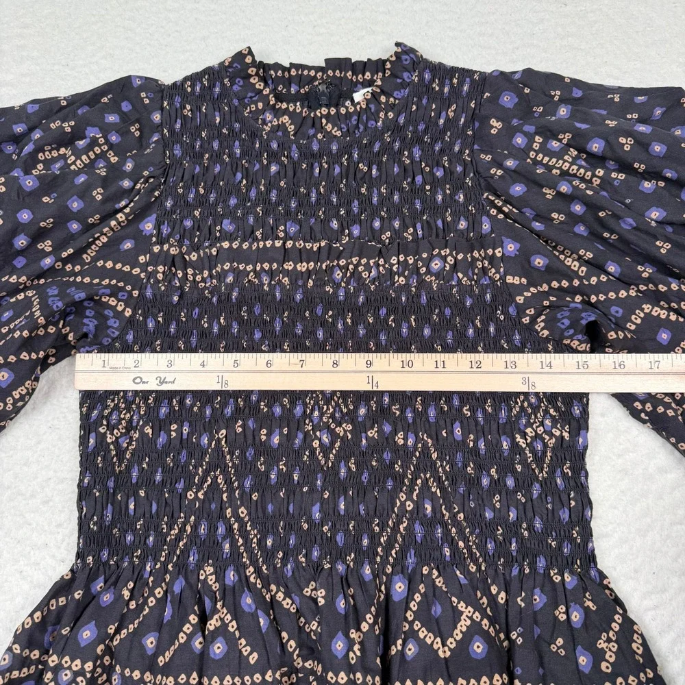 Sea New York Delphine Puff Sleeve Smocked Top Small? Black Blue Geometric Cotton - Picture 7 of 12